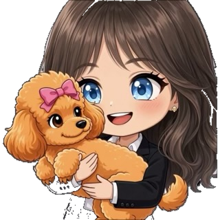Cartoon of Katherine holding her puppy Penny